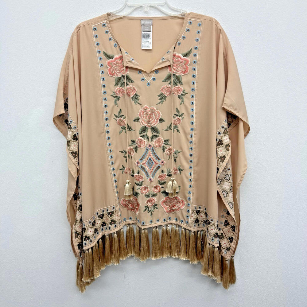 Chicos S/M Poncho Peach Color Embroidered Rose Fringe Tassels Lightweight